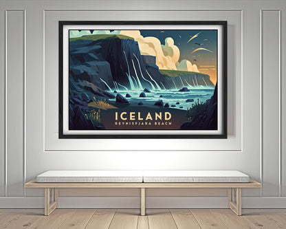Framed Iceland Reynisfjara Beach Europe Travel Poster in Landscape orientation, minimal background, close up wall art print 2
