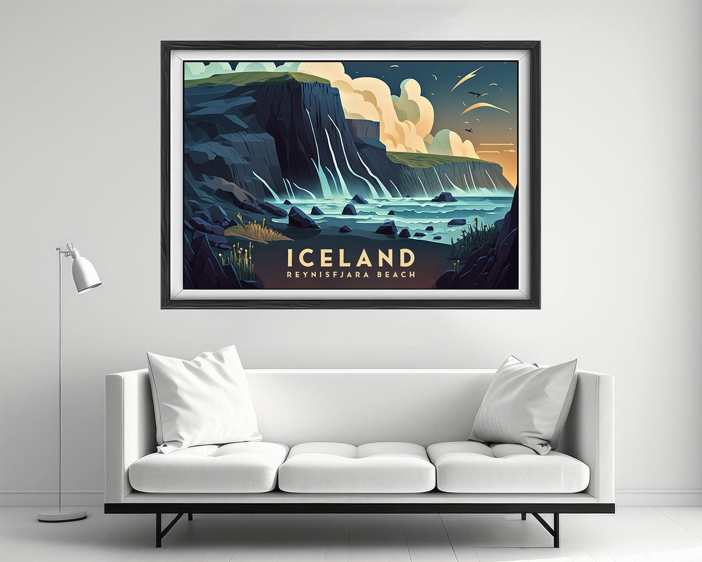 Framed Iceland Reynisfjara Beach Europe Travel Poster in Landscape orientation, minimal background, close up wall art print 3