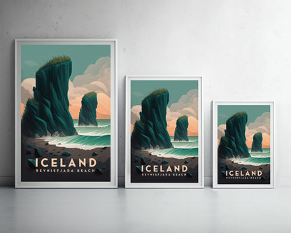 Framed Iceland Reynisfjara Beach Travel Poster in Portrait orientation, minimal background, close up wall art print 3