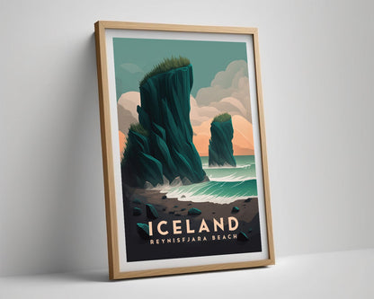 Framed Iceland Reynisfjara Beach Travel Poster in Portrait orientation, minimal background, close up wall art print 4