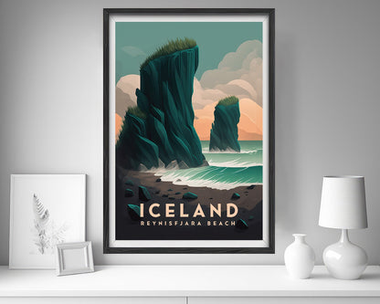 Framed Iceland Reynisfjara Beach Travel Poster in Portrait orientation, minimal background, close up wall art print 5