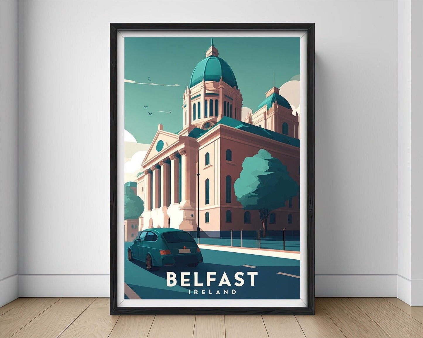 Framed Ireland Belfast Travel Poster in Portrait orientation, minimal background, close up wall art print 1
