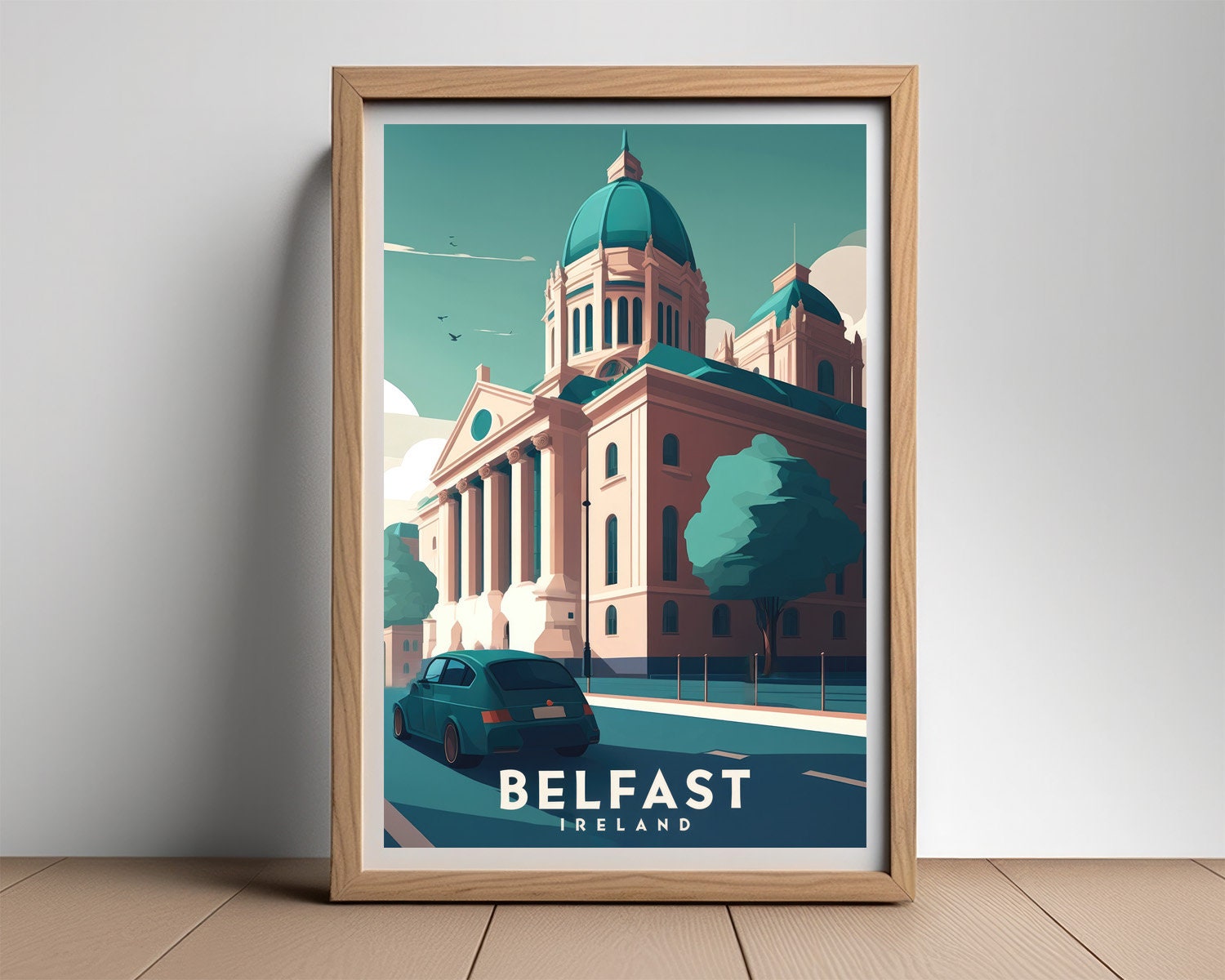 Framed Ireland Belfast Travel Poster in Portrait orientation, minimal background, close up wall art print 2