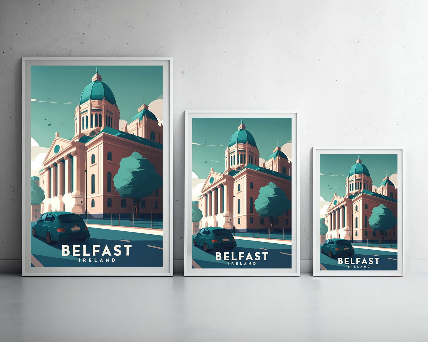 Framed Ireland Belfast Travel Poster in Portrait orientation, minimal background, close up wall art print 3