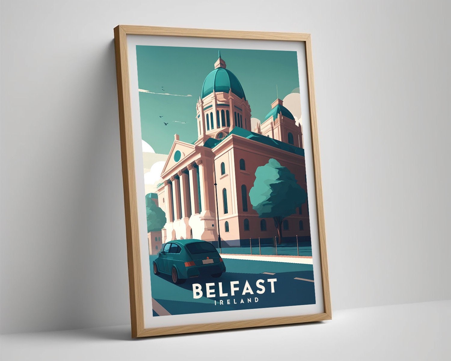 Framed Ireland Belfast Travel Poster in Portrait orientation, minimal background, close up wall art print 4
