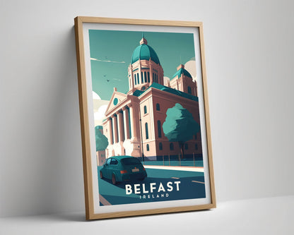 Framed Ireland Belfast Travel Poster in Portrait orientation, minimal background, close up wall art print 4