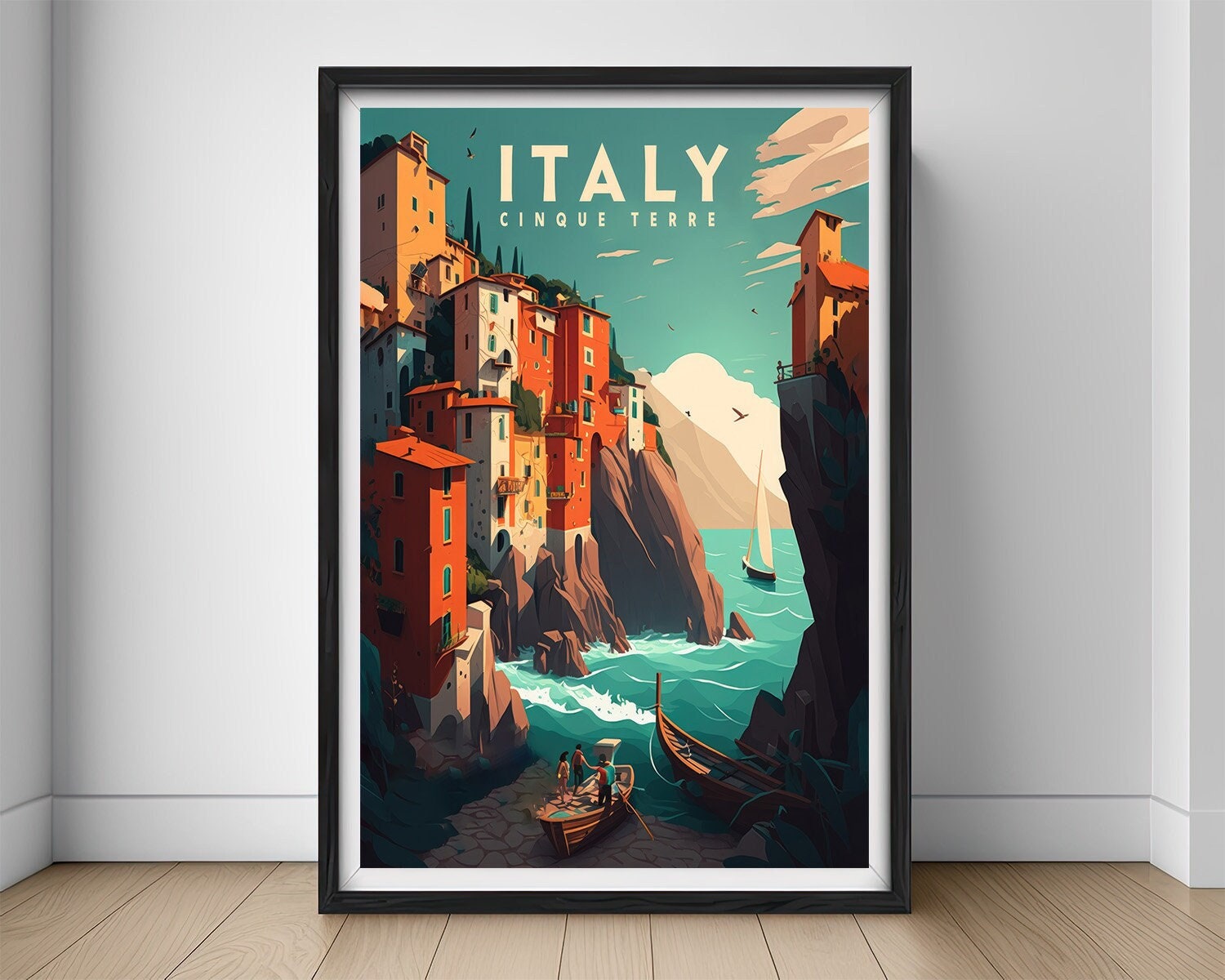 Framed Italy Cinque Terre Travel Poster in Portrait orientation, minimal background, close up wall art print 1
