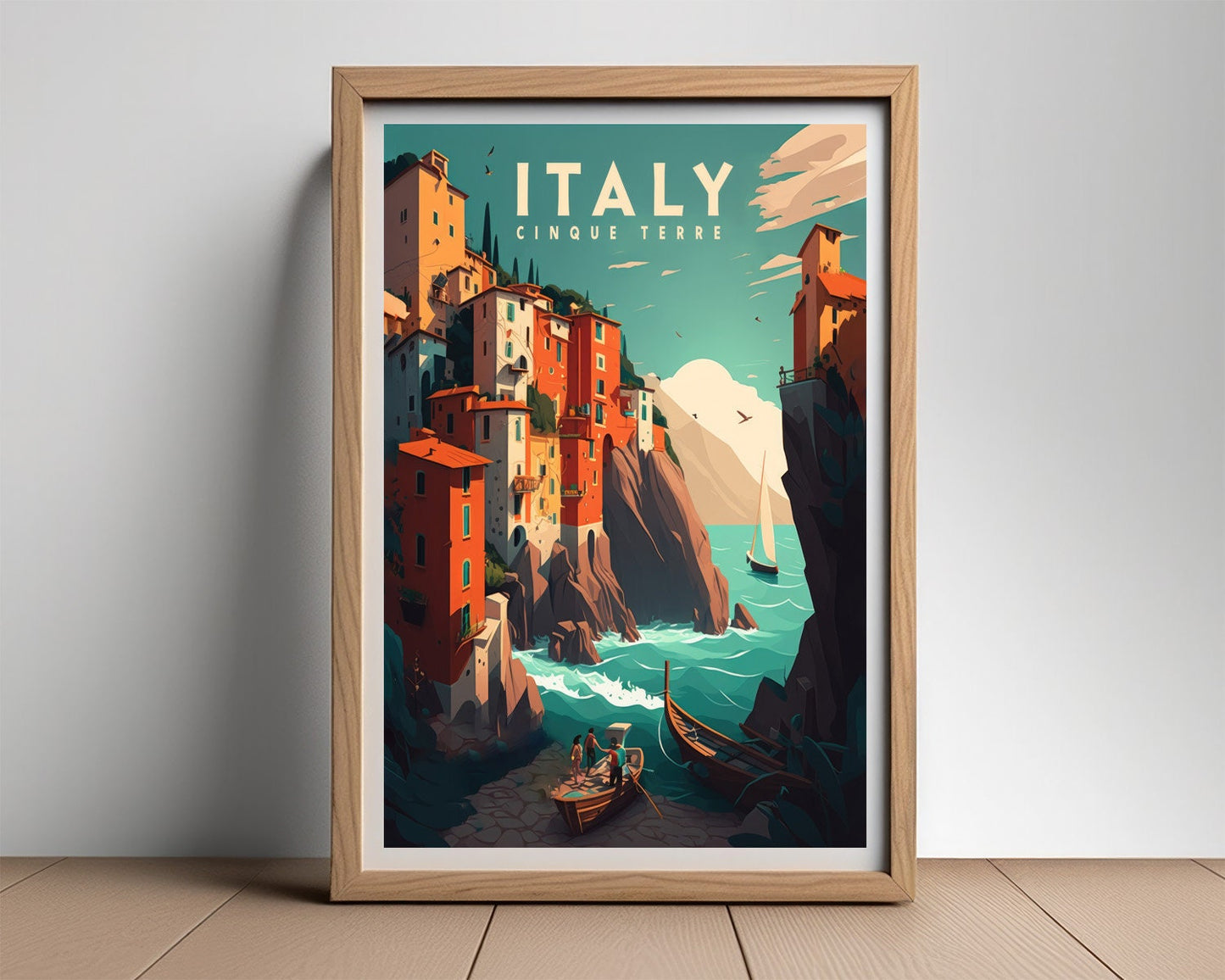 Framed Italy Cinque Terre Travel Poster in Portrait orientation, minimal background, close up wall art print 2