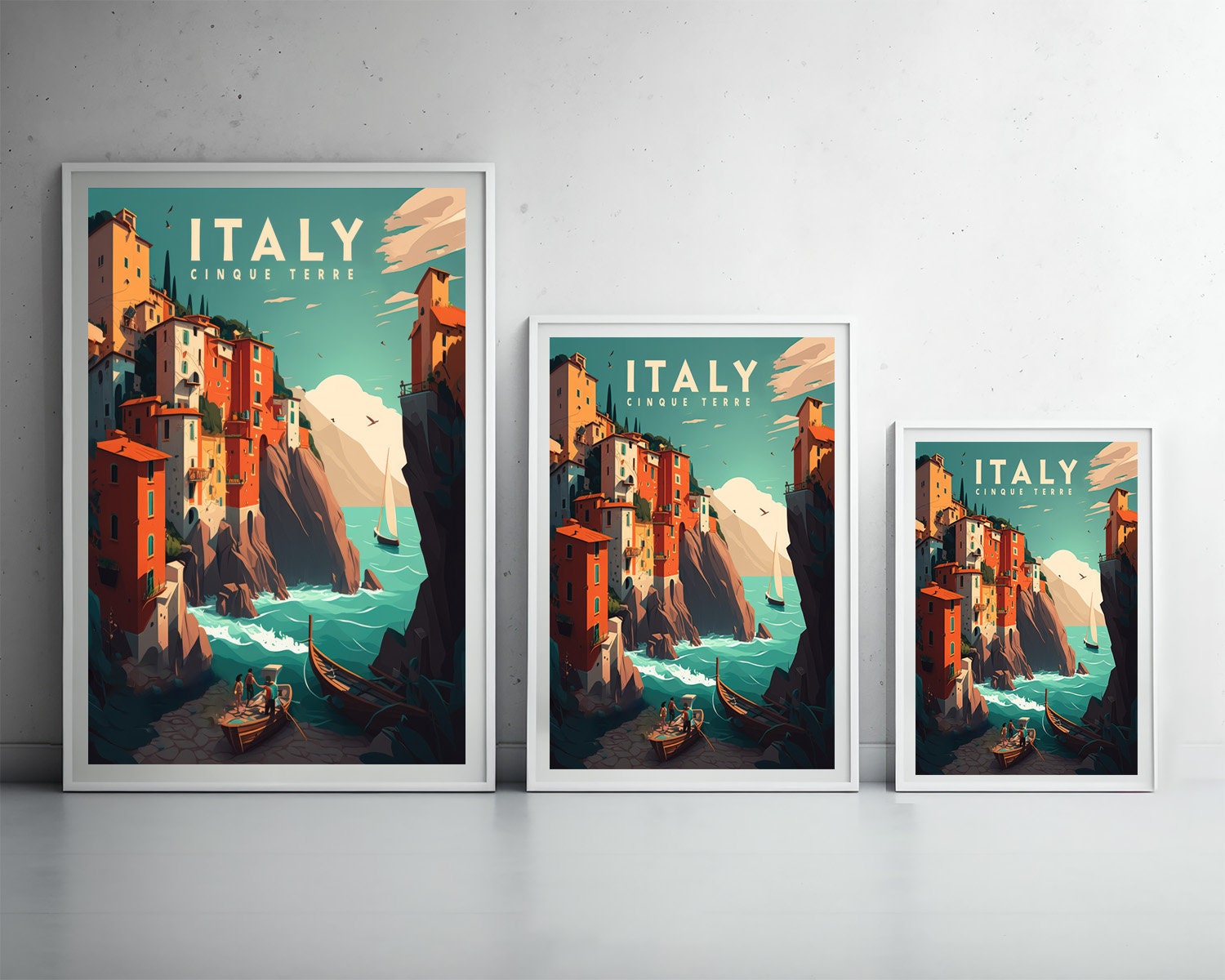 Framed Italy Cinque Terre Travel Poster in Portrait orientation, minimal background, close up wall art print 3