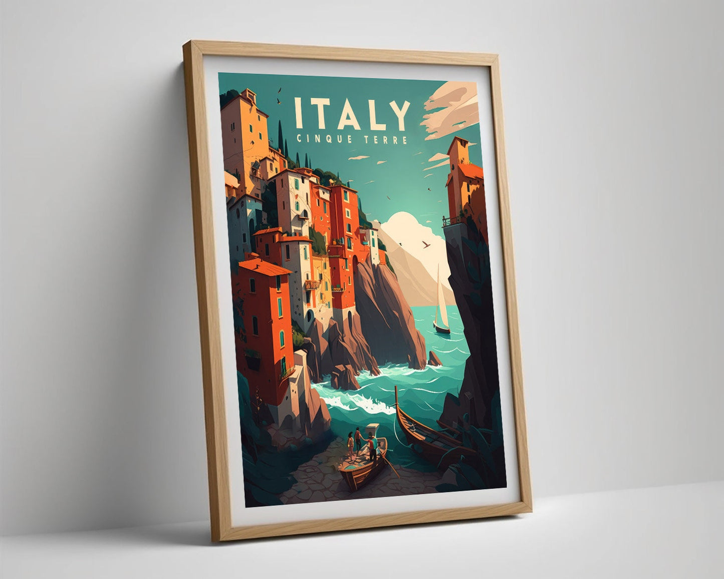 Framed Italy Cinque Terre Travel Poster in Portrait orientation, minimal background, close up wall art print 4