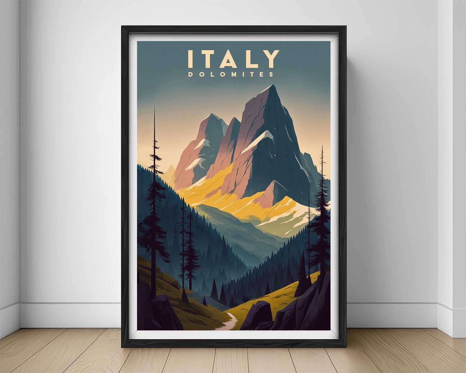 Framed Italy Dolomites Travel Poster in Portrait orientation, minimal background, close up wall art print 1