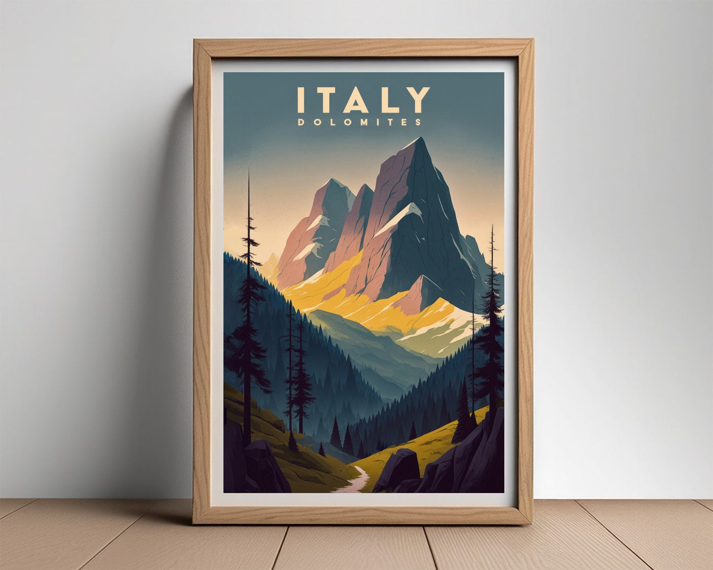 Framed Italy Dolomites Travel Poster in Portrait orientation, minimal background, close up wall art print 2