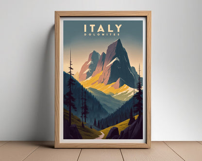 Framed Italy Dolomites Travel Poster in Portrait orientation, minimal background, close up wall art print 2