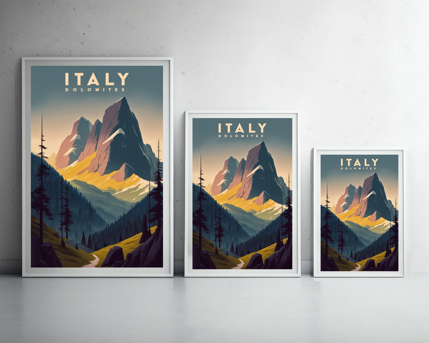 Framed Italy Dolomites Travel Poster in Portrait orientation, minimal background, close up wall art print 3