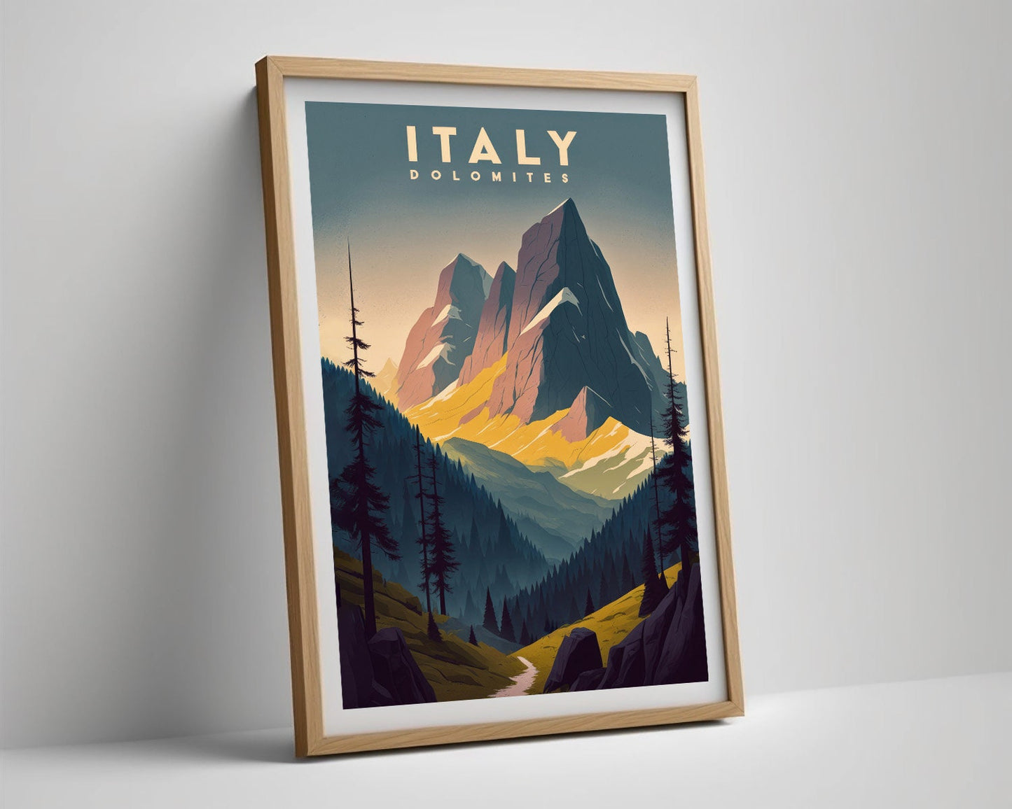 Framed Italy Dolomites Travel Poster in Portrait orientation, minimal background, close up wall art print 4