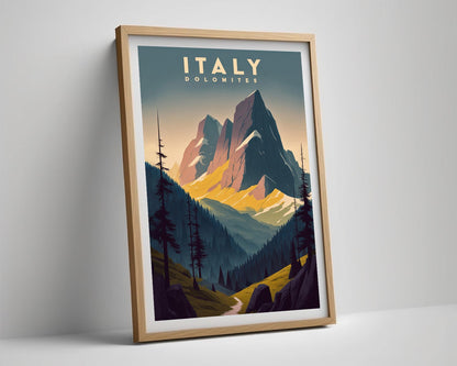 Framed Italy Dolomites Travel Poster in Portrait orientation, minimal background, close up wall art print 4