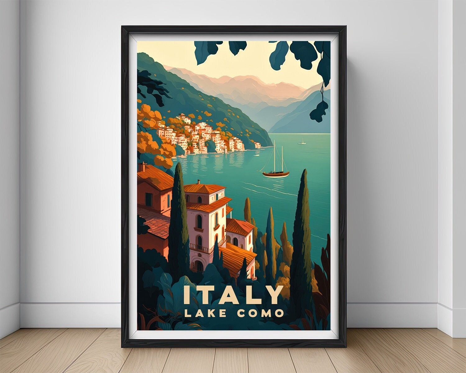 Framed Italy Lake Como Travel Poster in Portrait orientation, minimal background, close up wall art print 1