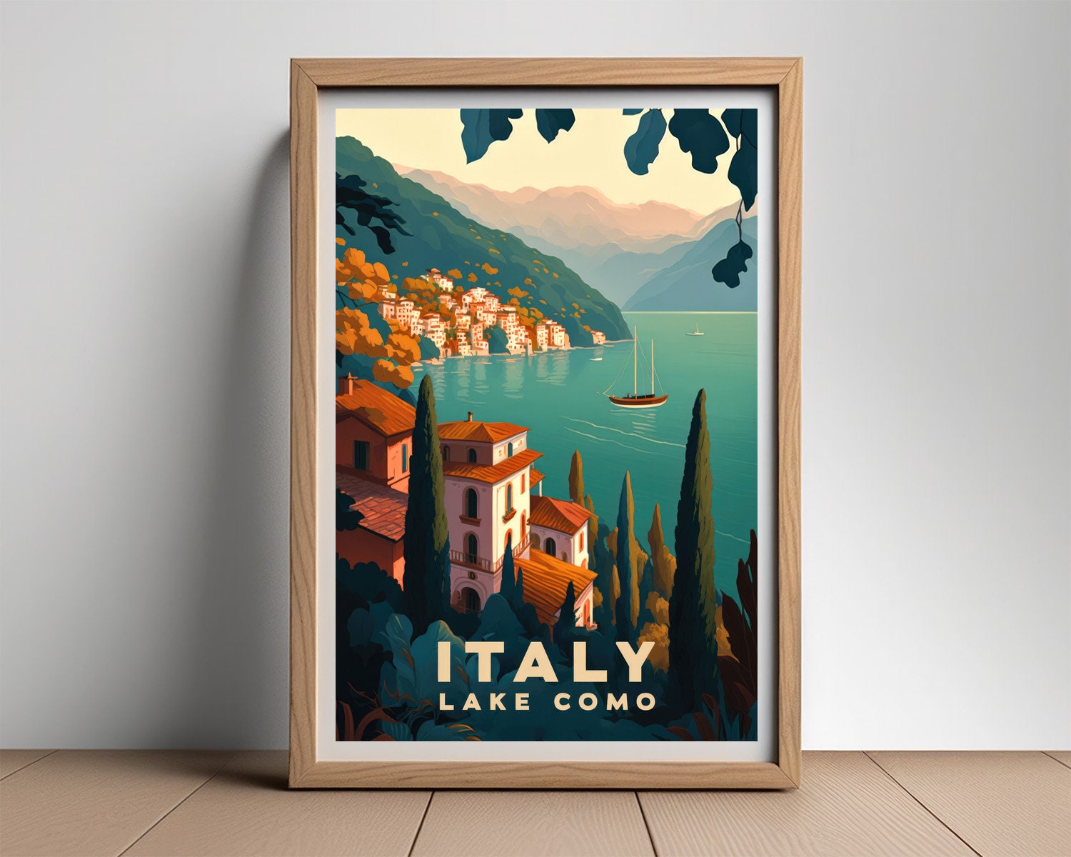 Framed Italy Lake Como Travel Poster in Portrait orientation, minimal background, close up wall art print 2