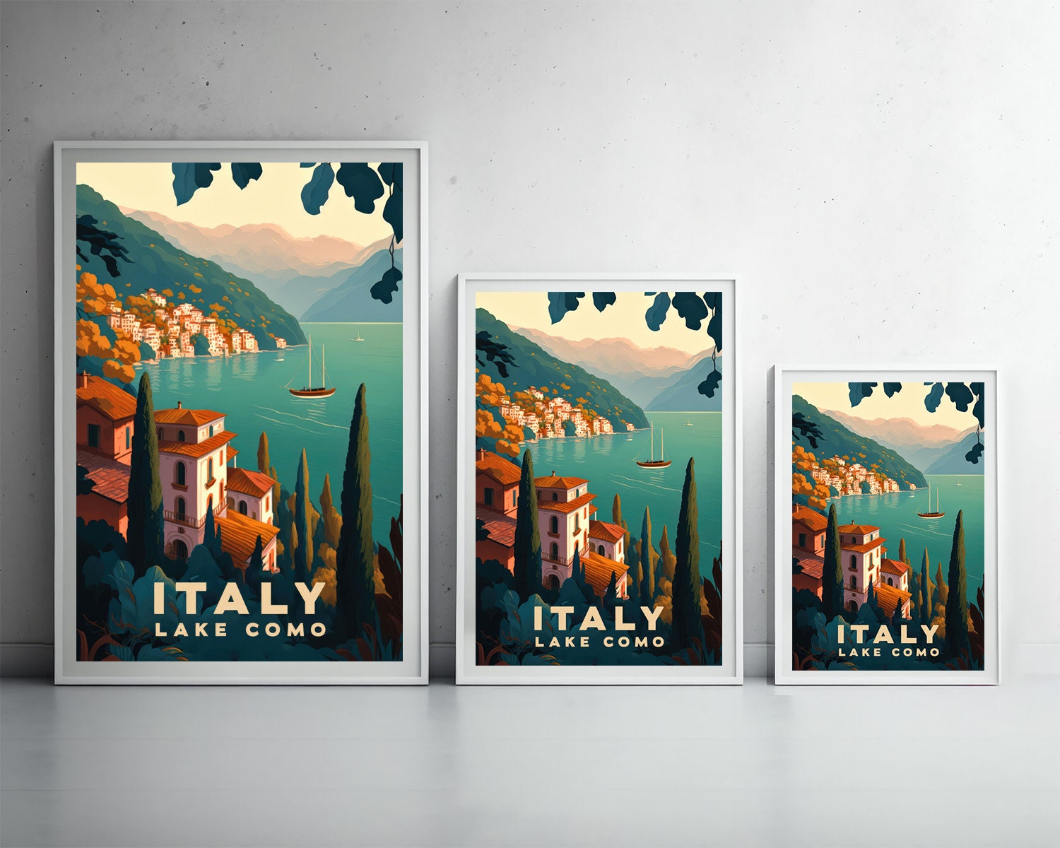 Framed Italy Lake Como Travel Poster in Portrait orientation, minimal background, close up wall art print 3