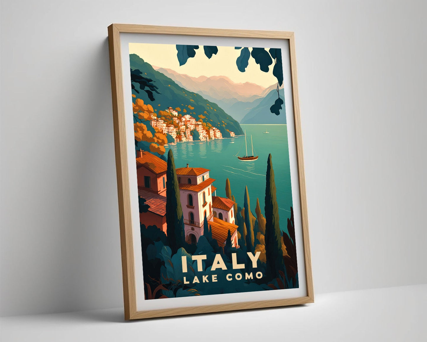 Framed Italy Lake Como Travel Poster in Portrait orientation, minimal background, close up wall art print 4