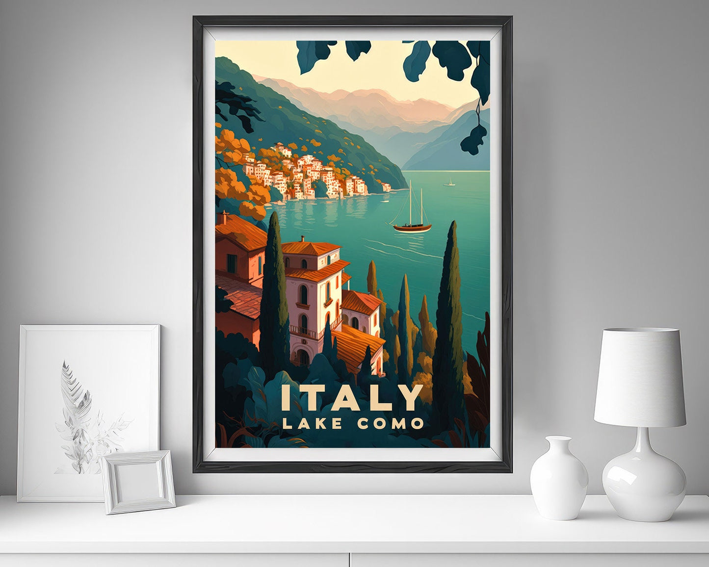 Framed Italy Lake Como Travel Poster in Portrait orientation, minimal background, close up wall art print 5