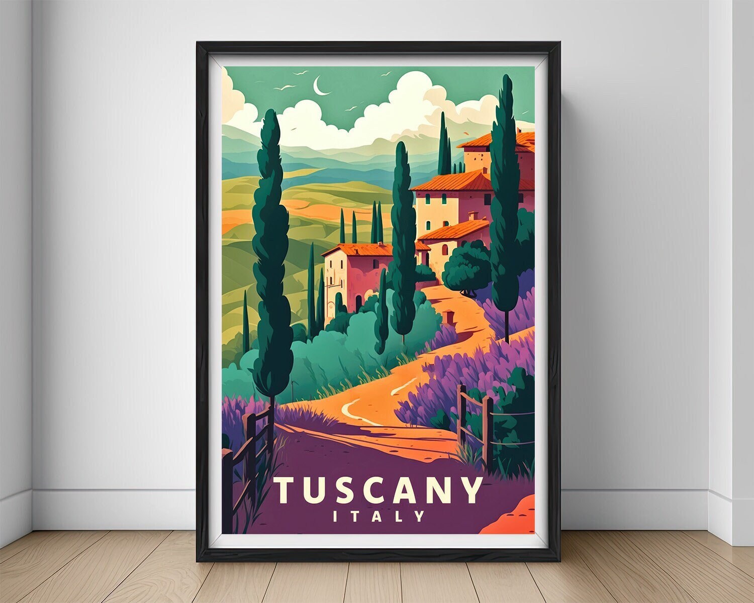 Framed Italy Tuscany Travel Poster in Portrait orientation, minimal background, close up wall art print 1