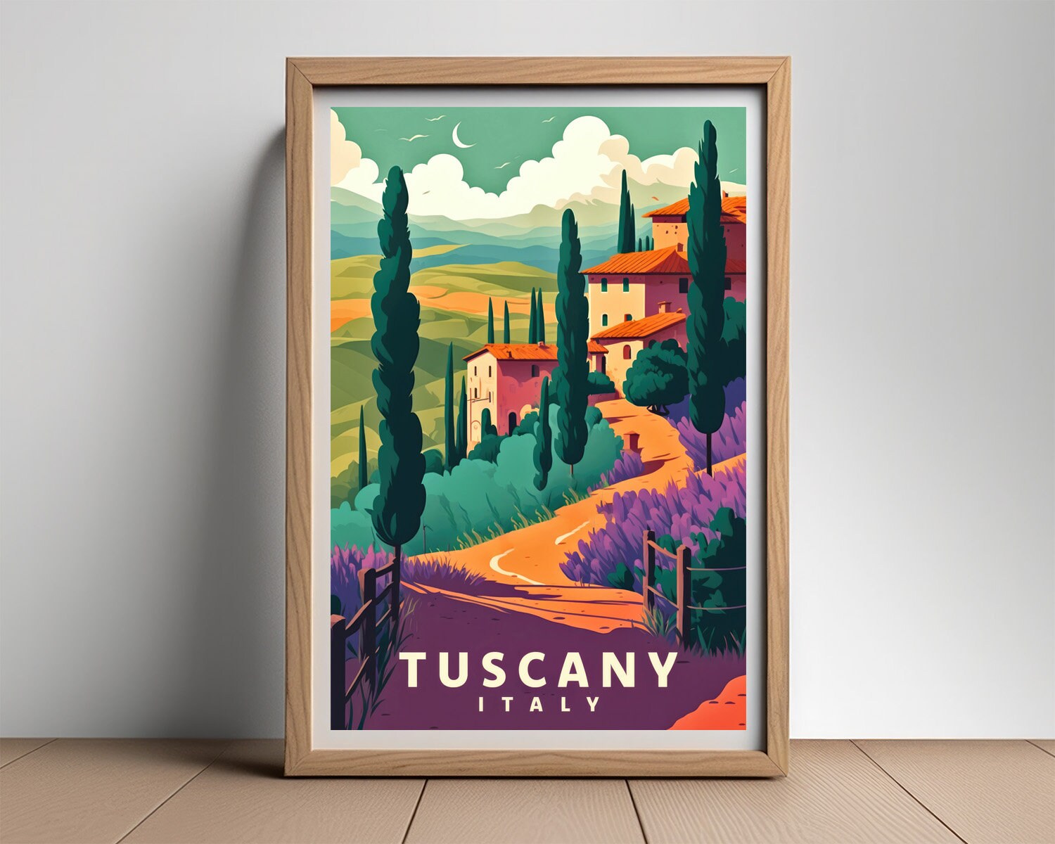 Framed Italy Tuscany Travel Poster in Portrait orientation, minimal background, close up wall art print 2