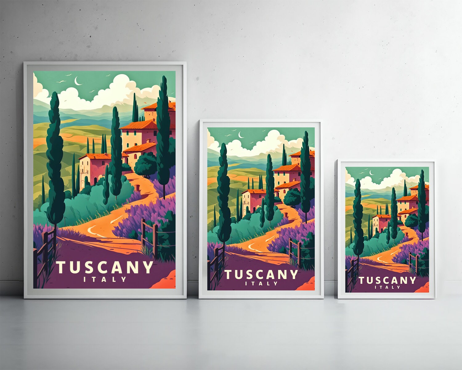 Framed Italy Tuscany Travel Poster in Portrait orientation, minimal background, close up wall art print 3