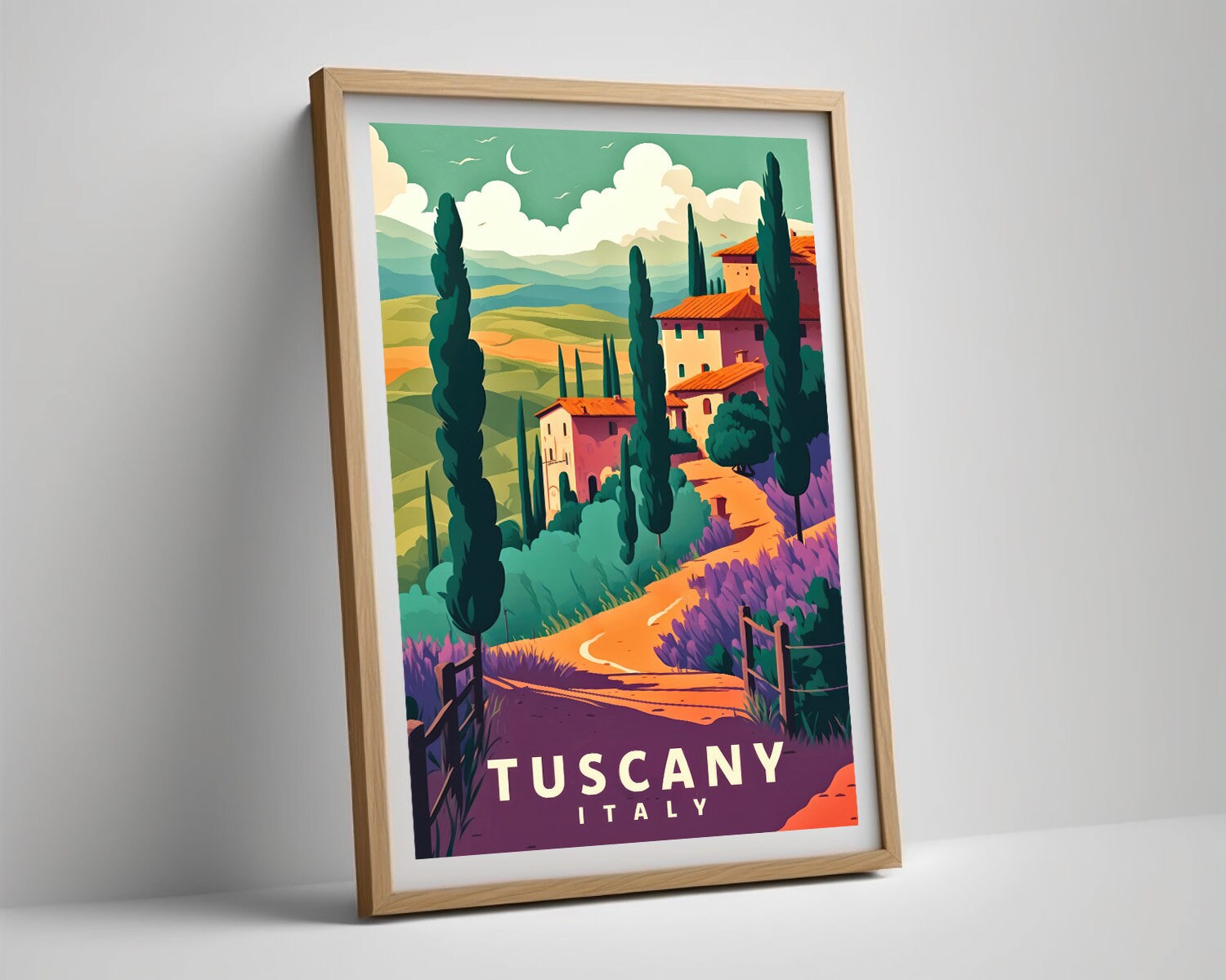 Framed Italy Tuscany Travel Poster in Portrait orientation, minimal background, close up wall art print 4