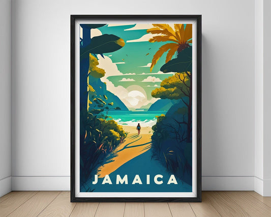 Framed Jamaica Ocean Travel Poster in Portrait orientation, minimal background, close up wall art print 1