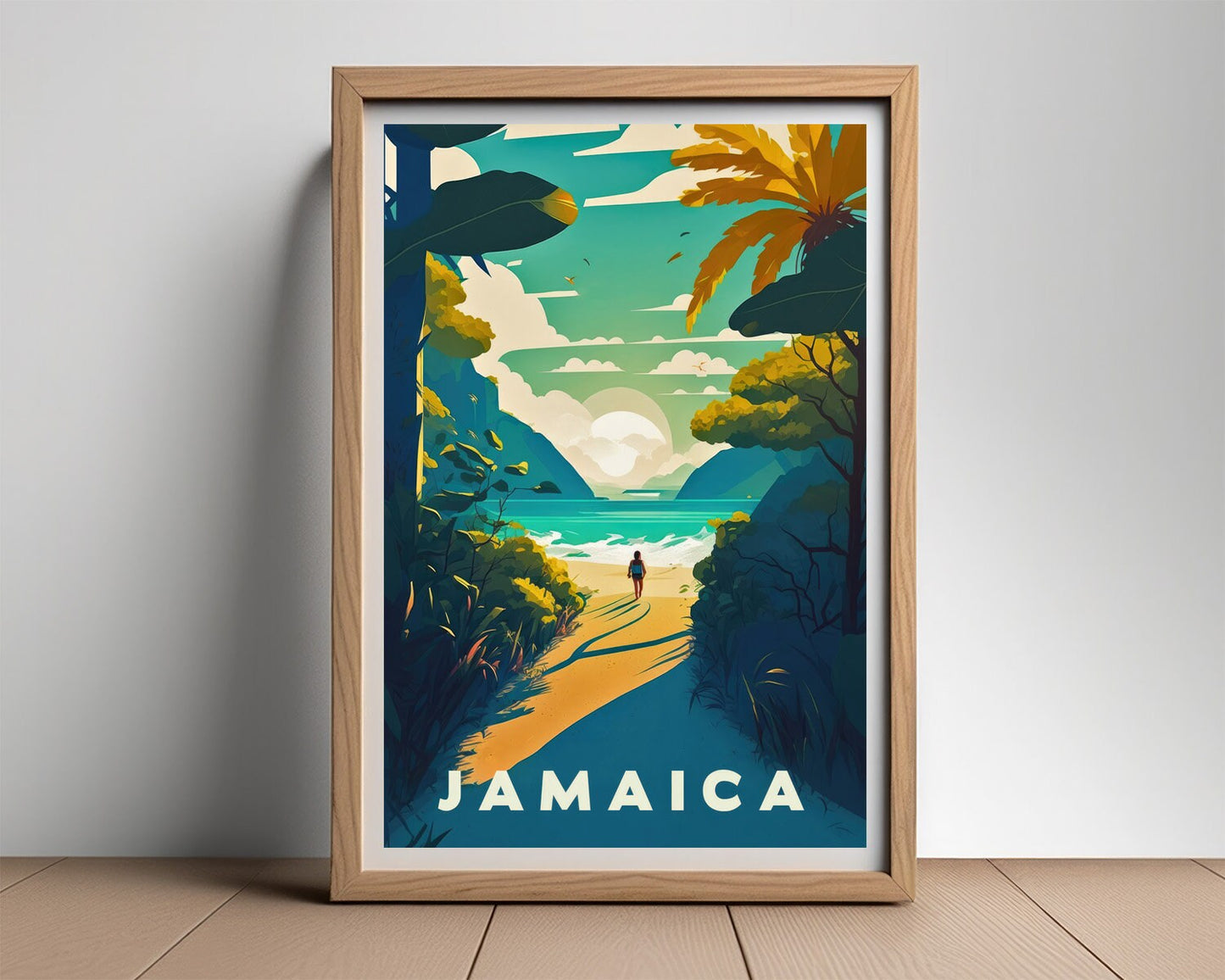 Framed Jamaica Ocean Travel Poster in Portrait orientation, minimal background, close up wall art print 2