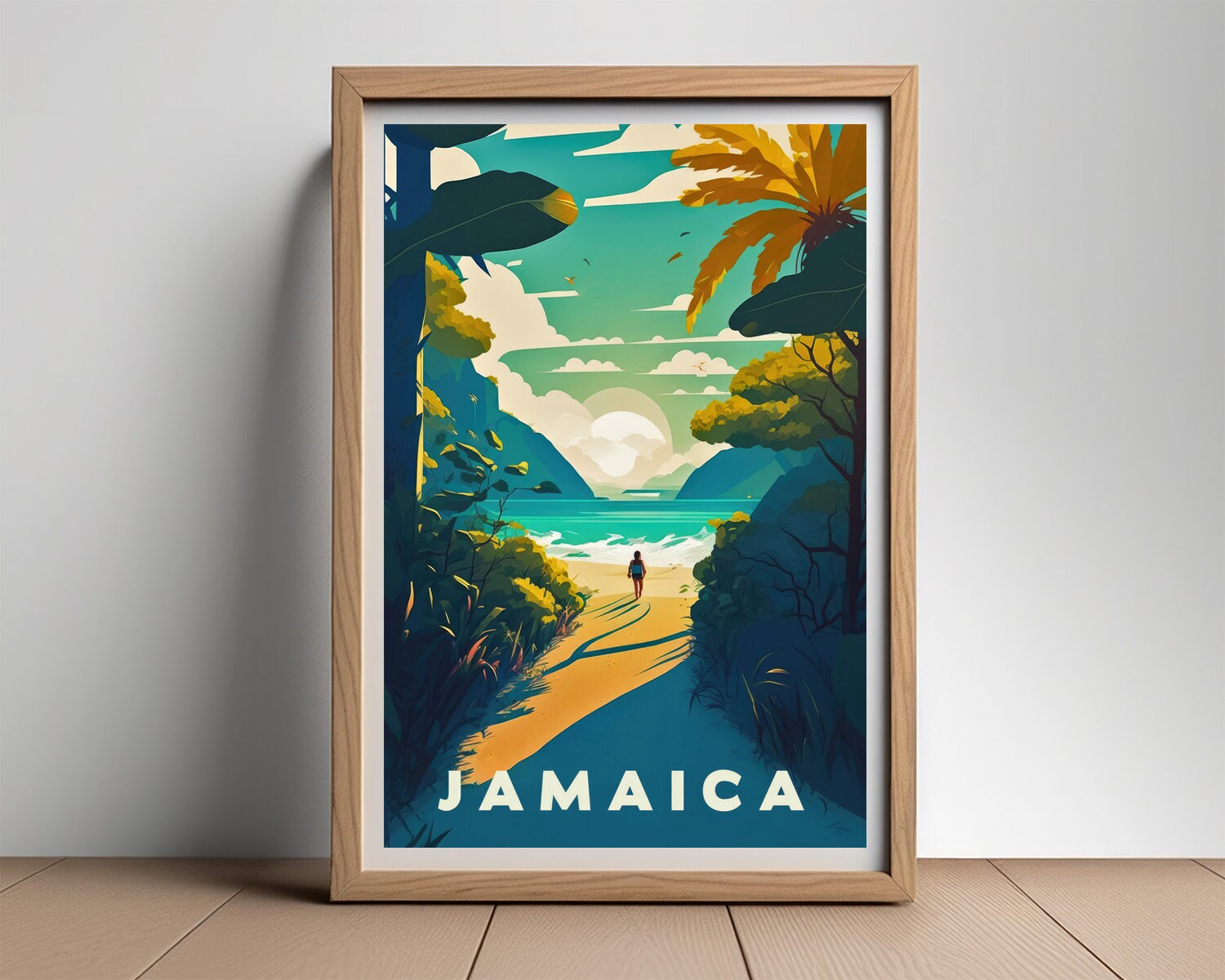 Framed Jamaica Ocean Travel Poster in Portrait orientation, minimal background, close up wall art print 2