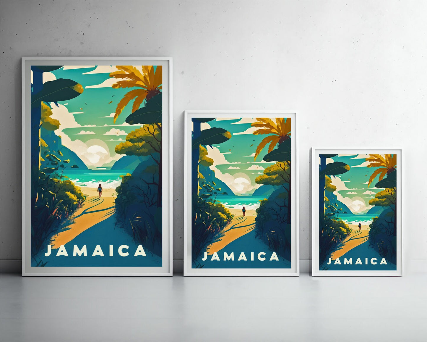 Framed Jamaica Ocean Travel Poster in Portrait orientation, minimal background, close up wall art print 3