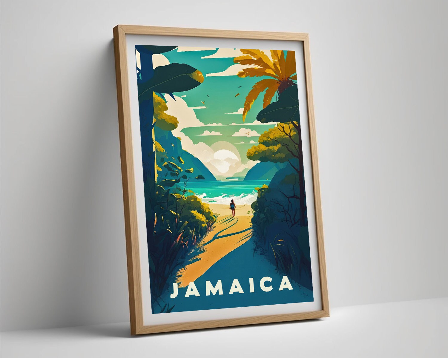 Framed Jamaica Ocean Travel Poster in Portrait orientation, minimal background, close up wall art print 4