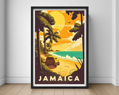 Framed Jamaica Travel Poster in Portrait orientation, minimal background, close up wall art print 1