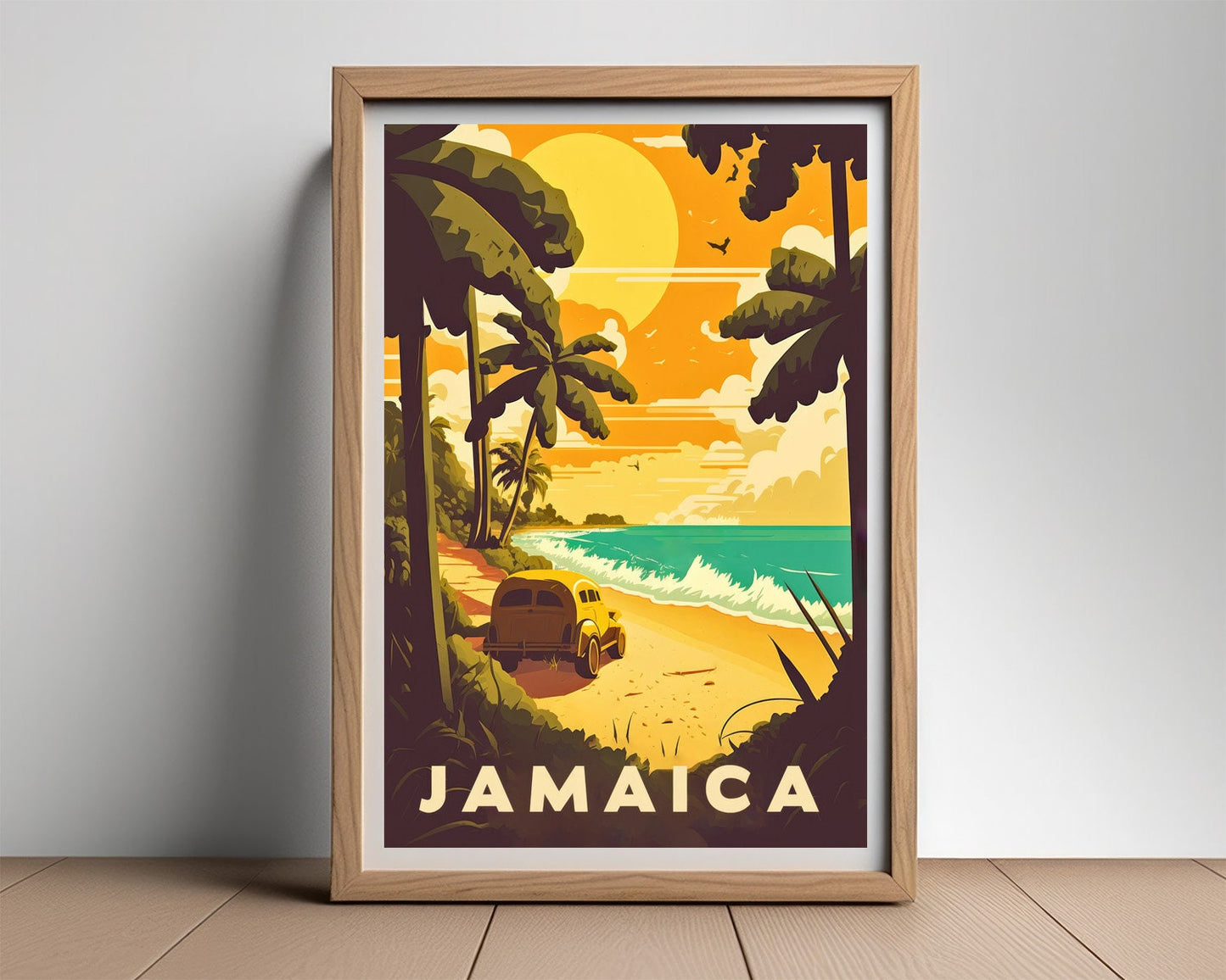 Framed Jamaica Travel Poster in Portrait orientation, minimal background, close up wall art print 2