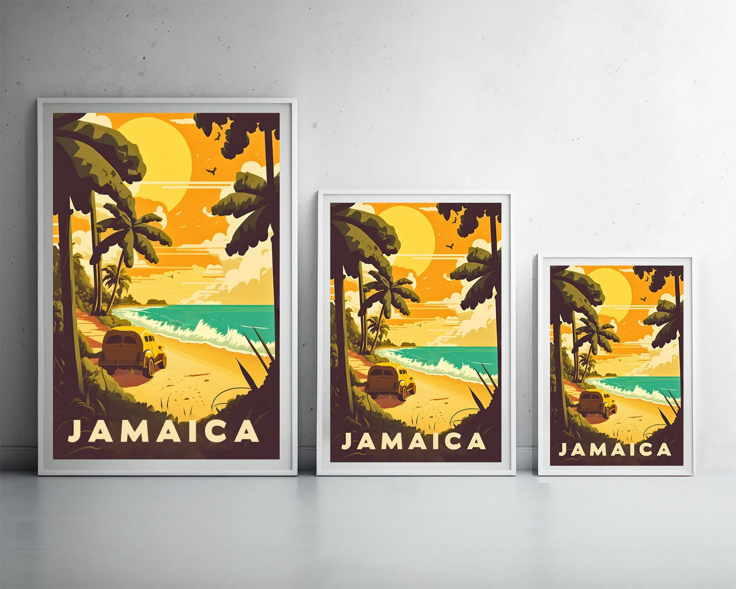 Framed Jamaica Travel Poster in Portrait orientation, minimal background, close up wall art print 3