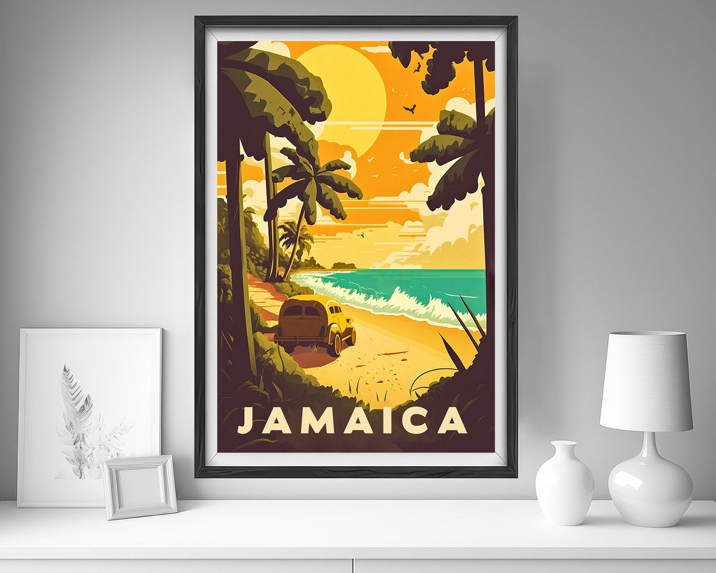 Framed Jamaica Travel Poster in Portrait orientation, minimal background, close up wall art print 5