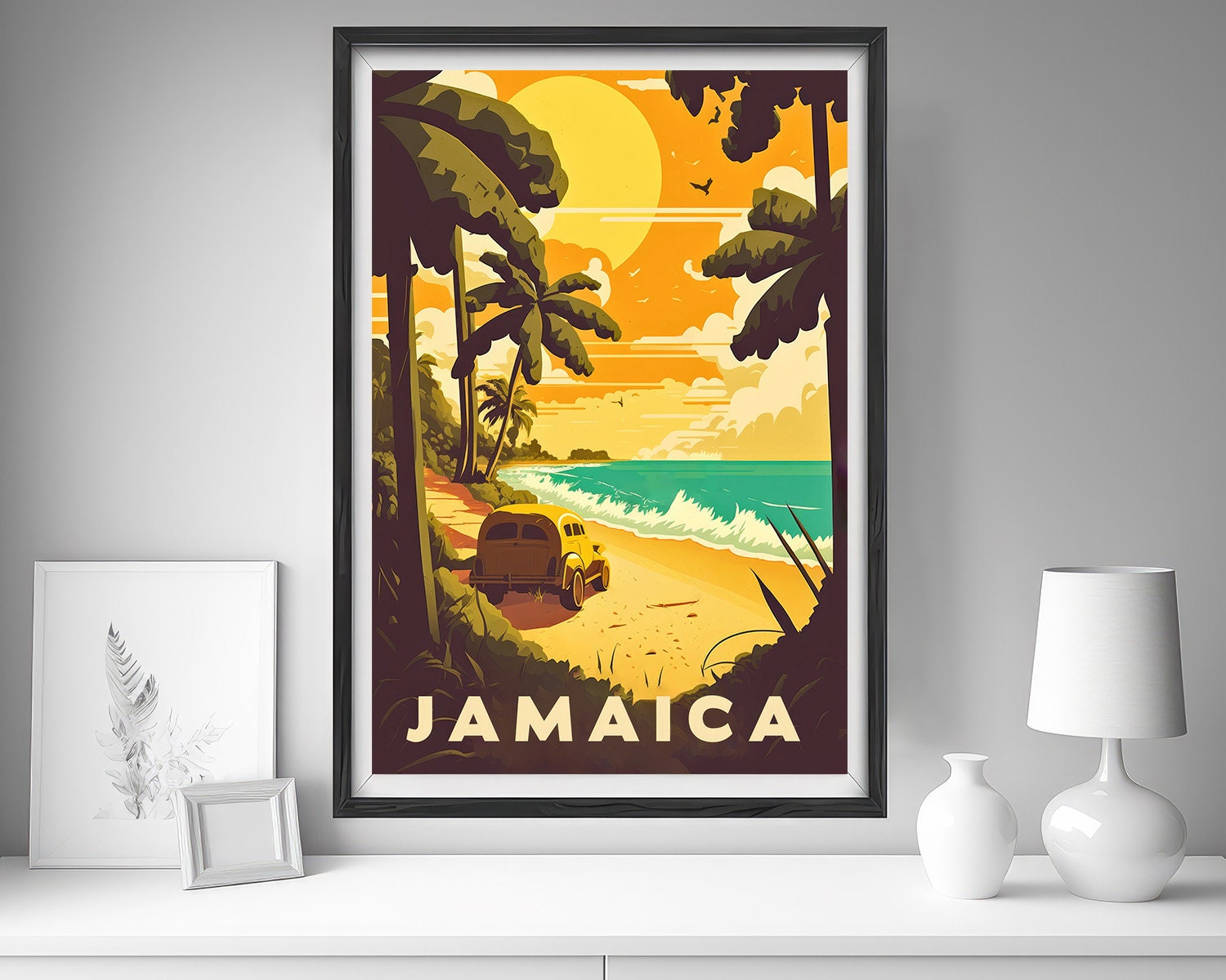 Framed Jamaica Travel Poster in Portrait orientation, minimal background, close up wall art print 5