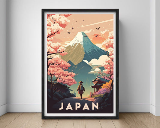 Framed Japan Travel Poster in Portrait orientation, minimal background, close up wall art print 1