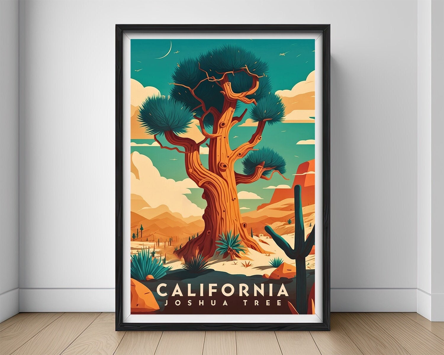 Framed Joshua Tree California Travel Poster in Portrait orientation, minimal background, close up wall art print 1