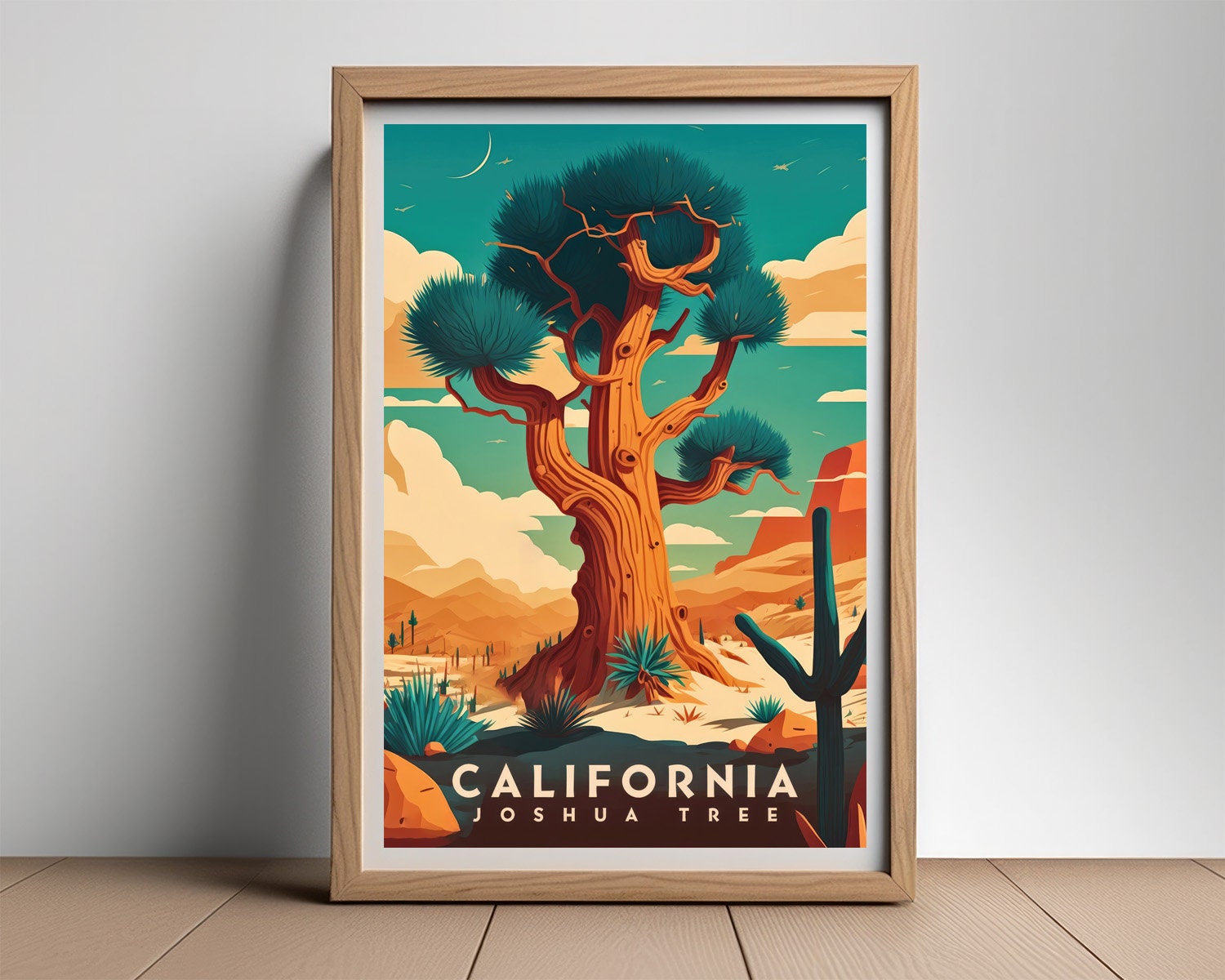 Framed Joshua Tree California Travel Poster in Portrait orientation, minimal background, close up wall art print 2