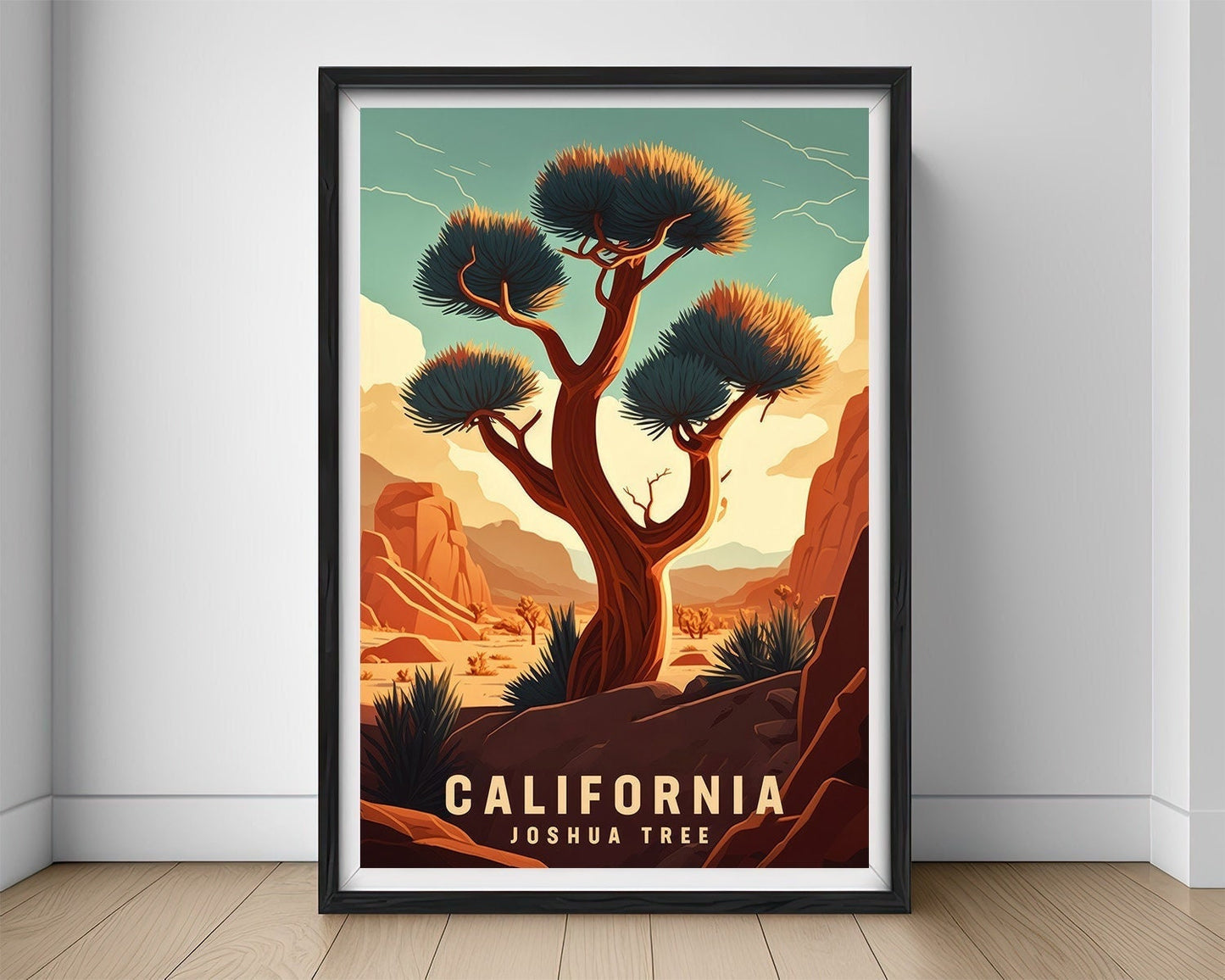 Framed Joshua Tree Travel Poster in Portrait orientation, minimal background, close up wall art print 1
