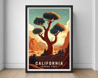 Framed Joshua Tree Travel Poster in Portrait orientation, minimal background, close up wall art print 1