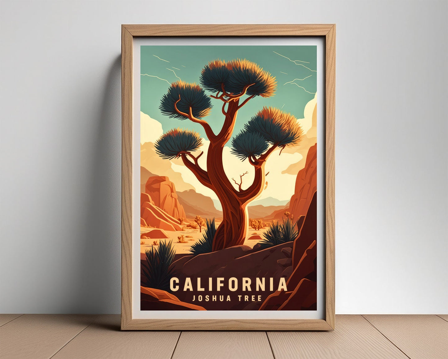 Framed Joshua Tree Travel Poster in Portrait orientation, minimal background, close up wall art print 2
