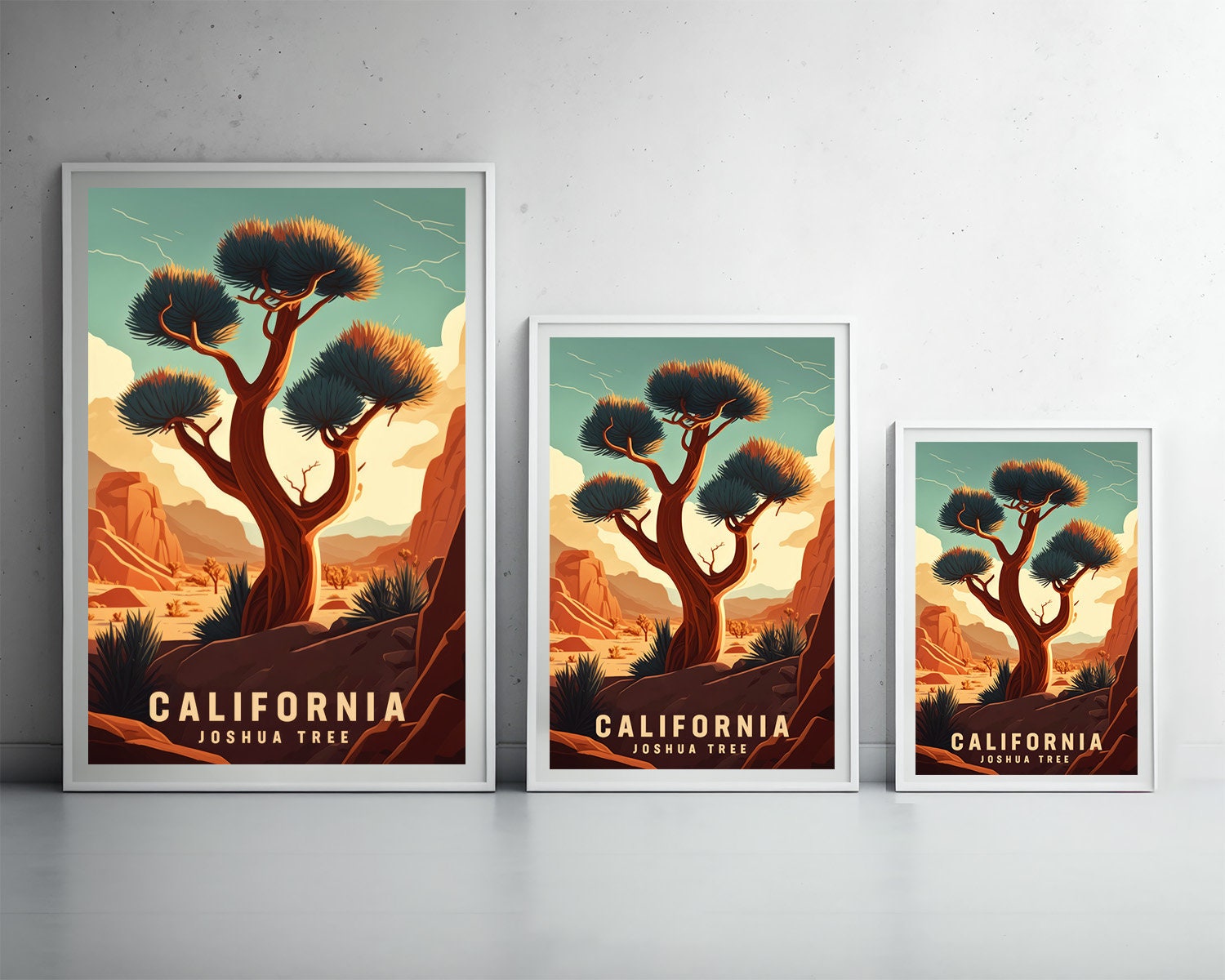 Framed Joshua Tree Travel Poster in Portrait orientation, minimal background, close up wall art print 3
