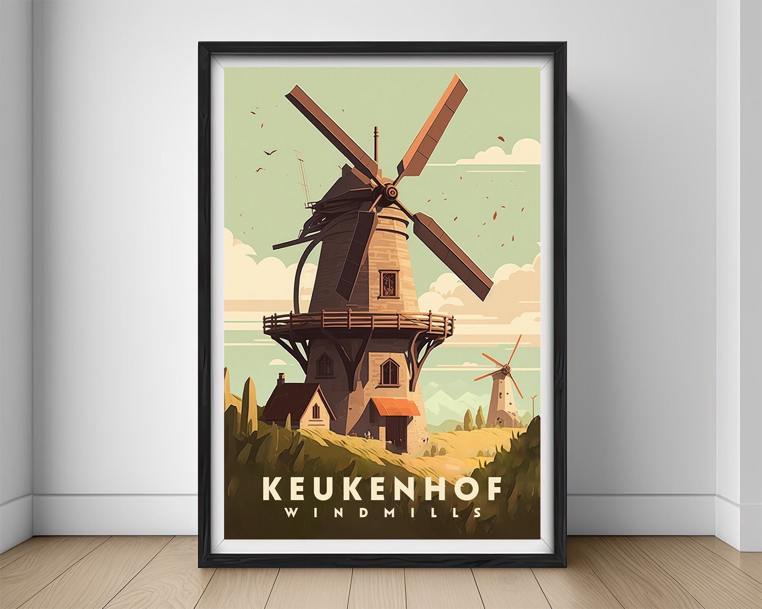 Framed Keukenhof Netherlands Travel Poster in Portrait orientation, minimal background, close up wall art print 1