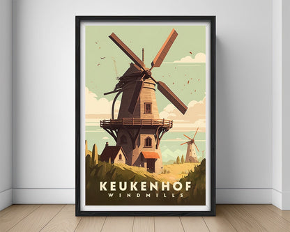 Framed Keukenhof Netherlands Travel Poster in Portrait orientation, minimal background, close up wall art print 1