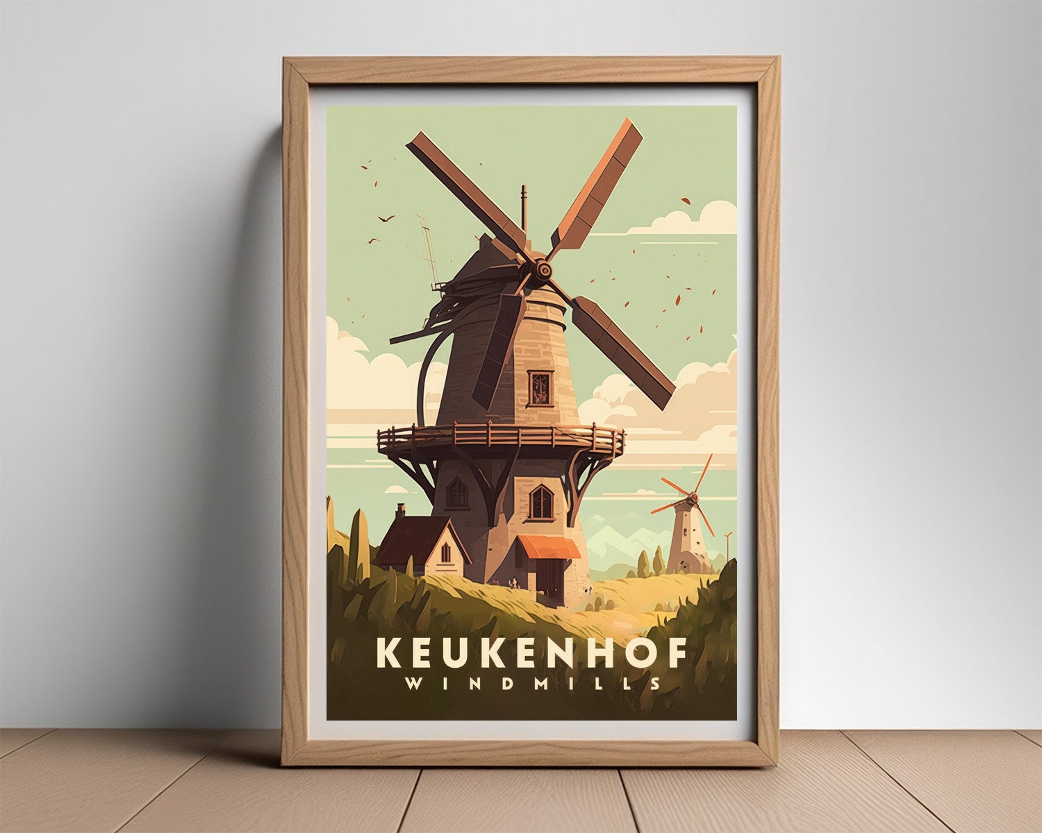 Framed Keukenhof Netherlands Travel Poster in Portrait orientation, minimal background, close up wall art print 2