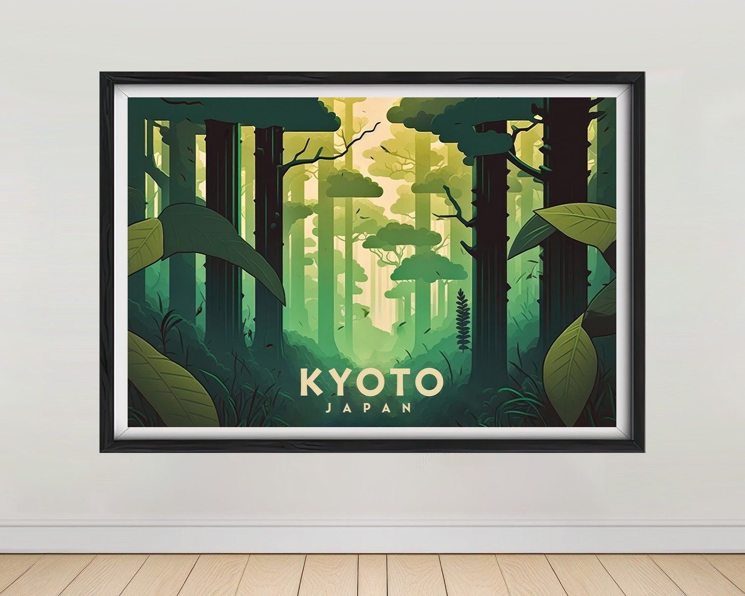 Framed Kyoto Japan Bamboo Forest Travel Poster in Landscape orientation, minimal background, close up wall art print 1